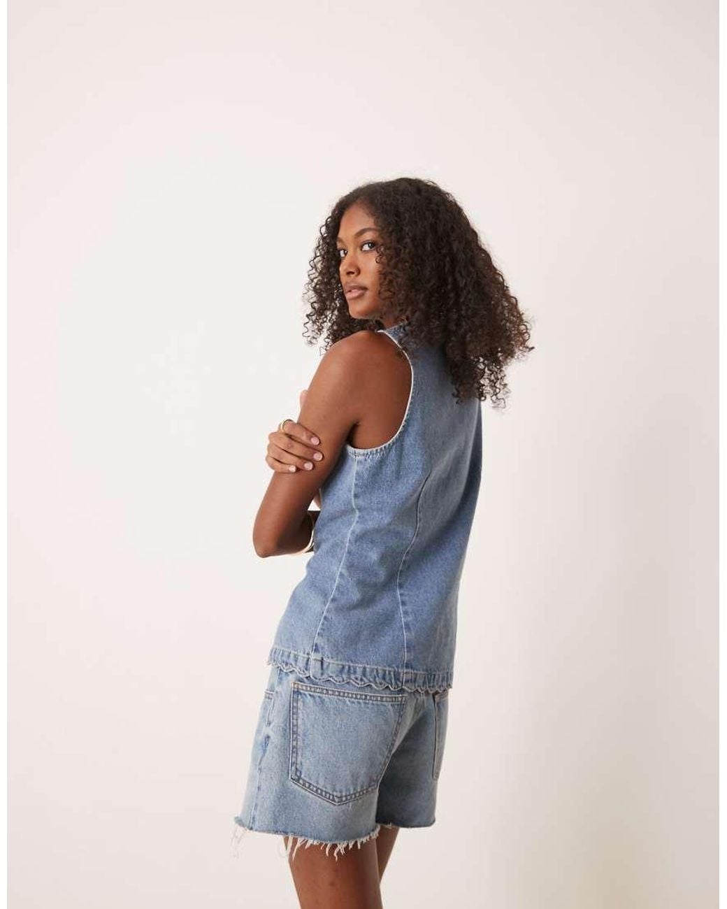 ASOS Blue Denim Button Through Waistcoat With Scallop Hem