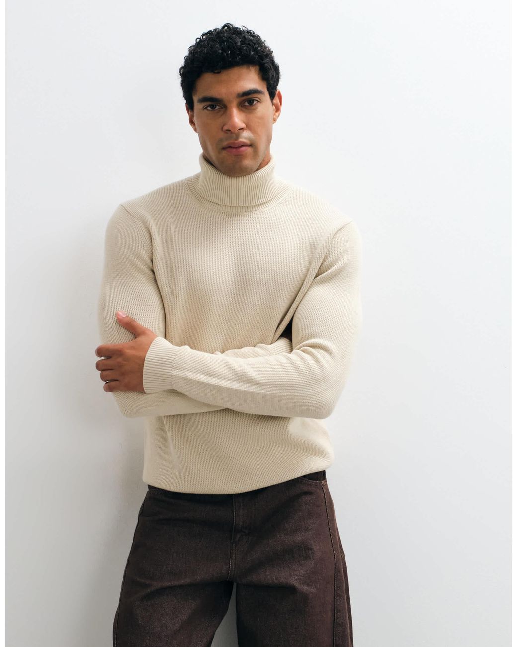SELECTED Natural Ribbed Knit Turtleneck Sweater for men