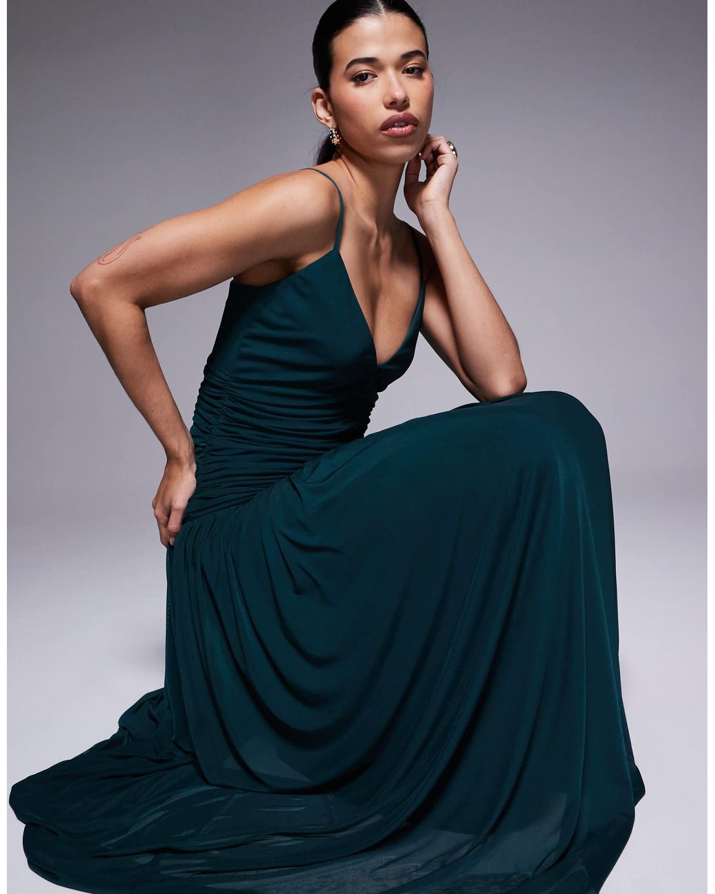 Aria Cove Chiffon V Neck Dropped Pleated Waist Maxi Dress in Blue | Lyst  Australia