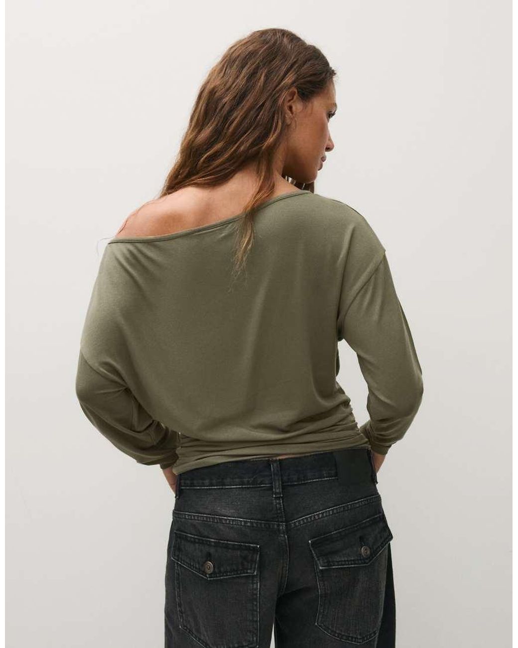 Bershka Green Asymmetric Neck Long-Sleeved T-Shirt