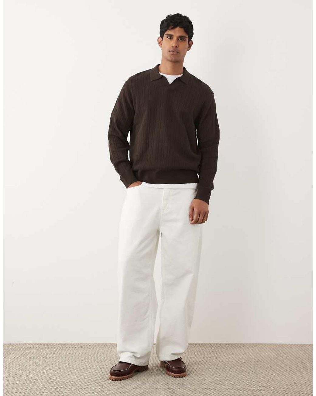 Redefined Rebel Brown Boxy Oversized V-neck Knitted Jumper With Collar for men