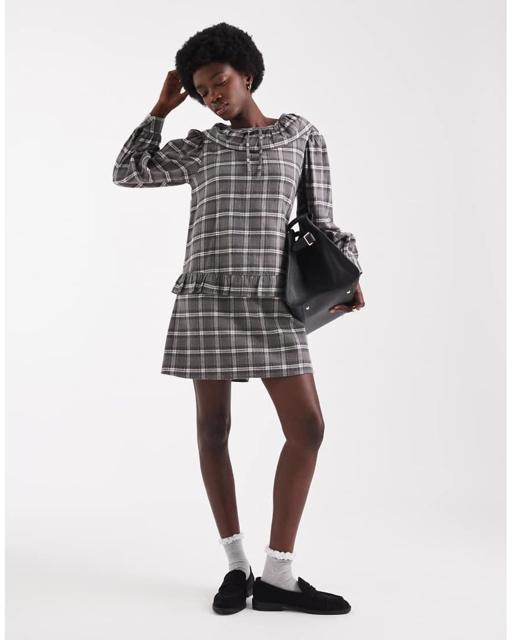 Native Youth Gray Tartan Ruffle Collared Dress