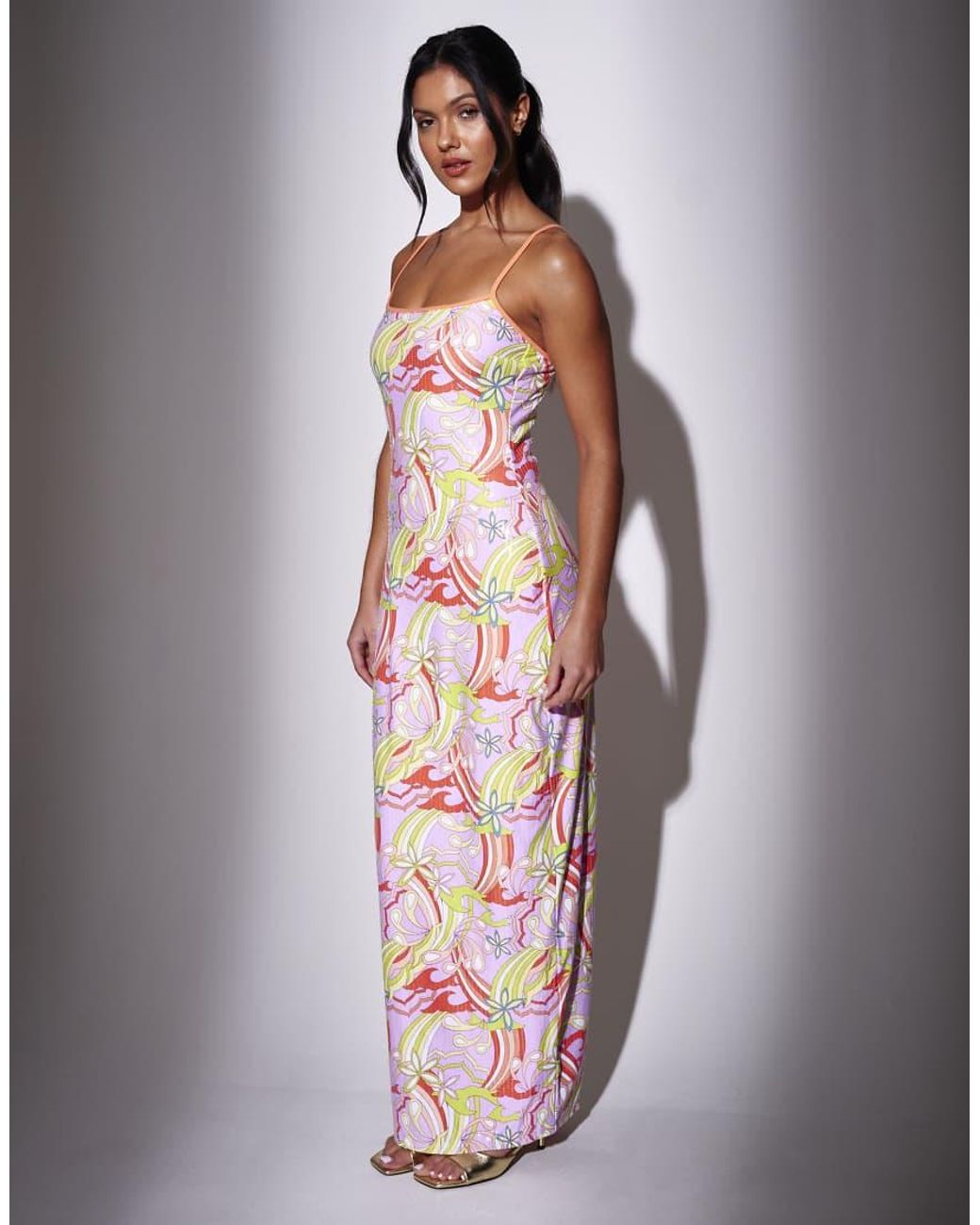South Beach Multicolor Retro Printed Sequin Maxi Dress