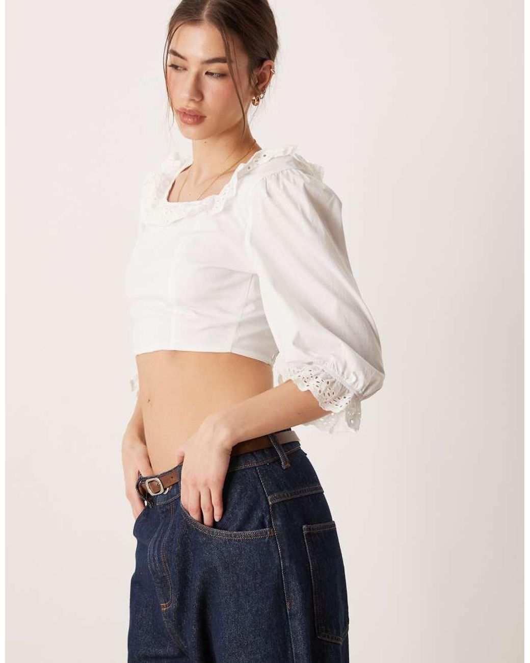 Glamorous Blue Ruffle Neckline Crop Top