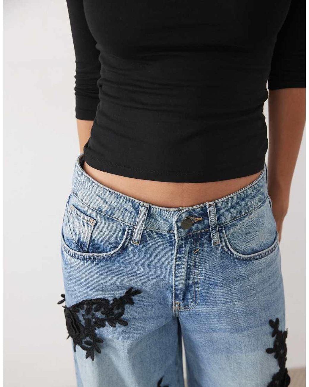 River Island Blue Floral Applique Baggy Fit Jeans