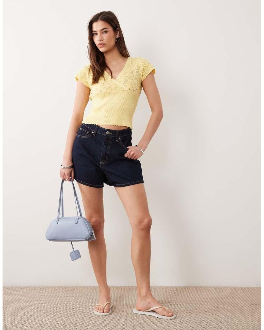Miss Selfridge Yellow Mock Wrap Short Sleeve Knit Top