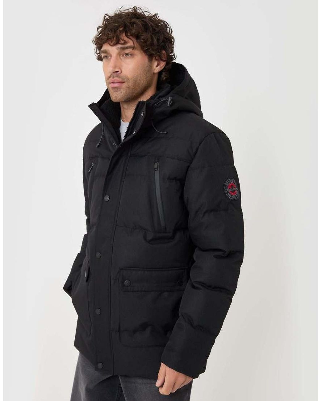 Threadbare Black Showerproof Hooded Puffer Coat With Borg Lined Hood for men