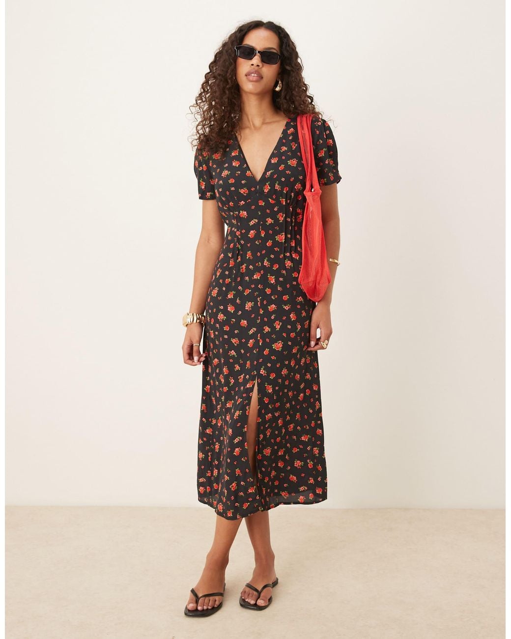 Mango Satin V Neck Midi Tea Dress With Rose Print in Red | Lyst