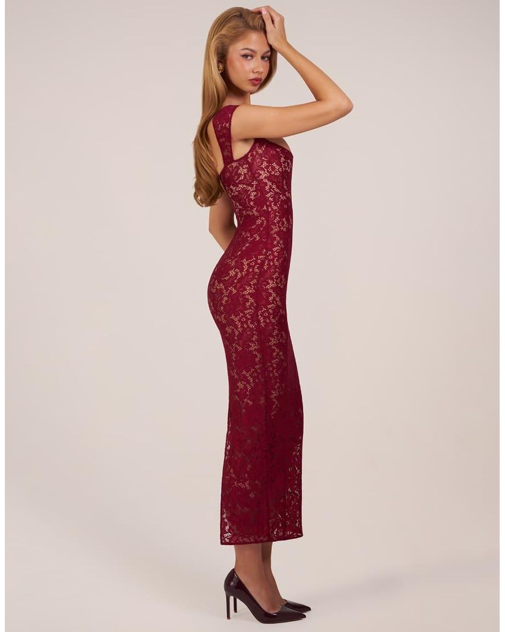 Oh Polly Red Lace Sweetheart Neck Cap Sleeve Mesh Maxi Dress