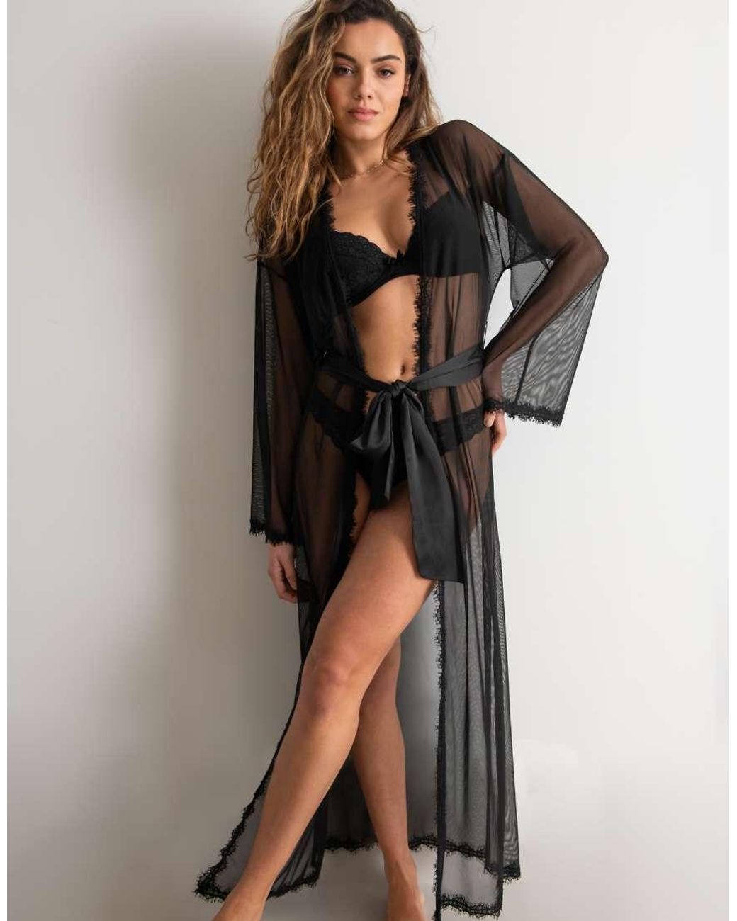 Pour Moi Brown For Your Eyes Only Mesh Lace Maxi Dressing Gown
