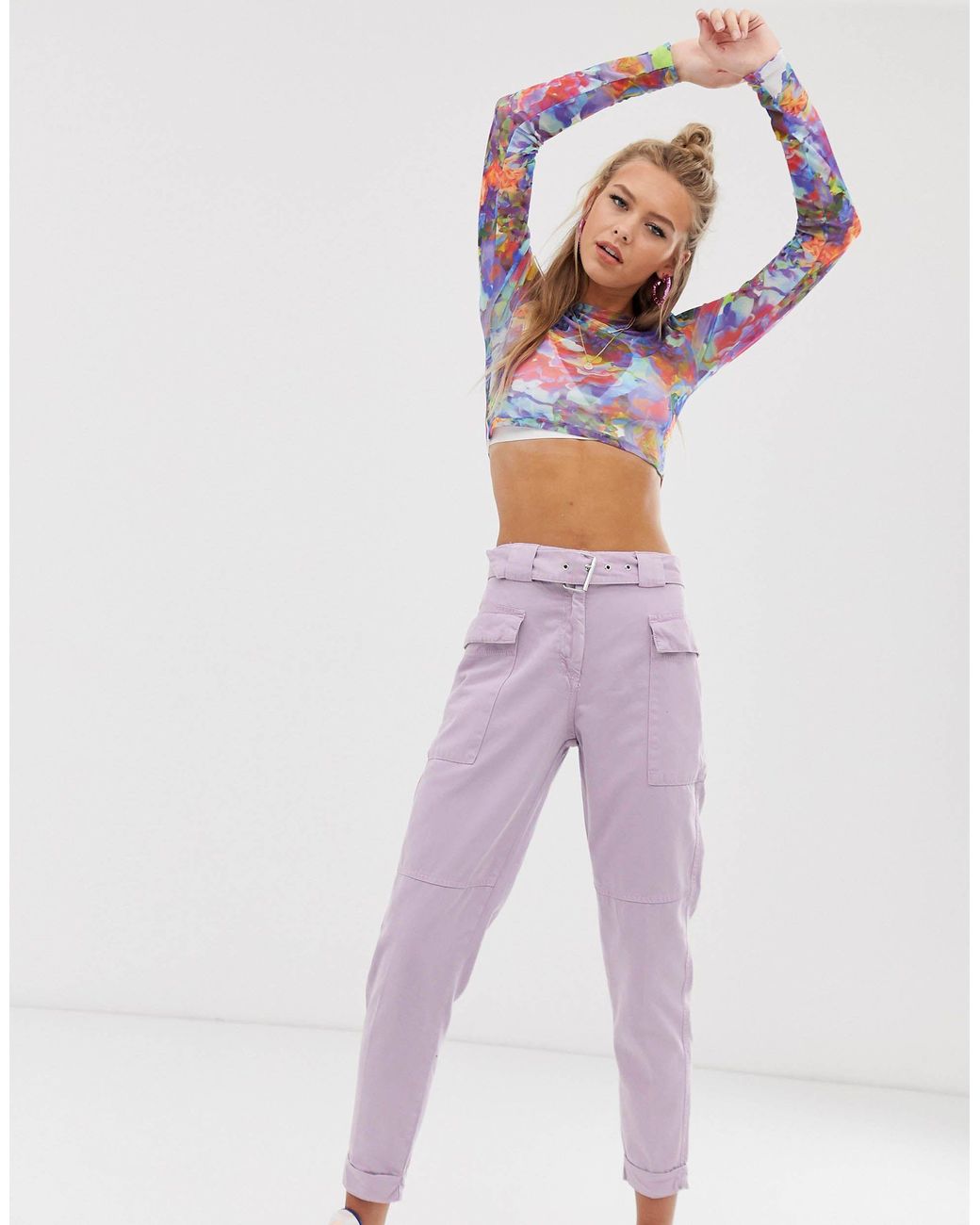 Bershka Belted Cargo Trousers in Purple | Lyst