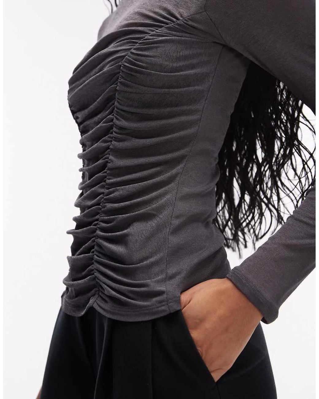 ASOS Black Onion Skin Ruched Bodice Long Sleeve Top
