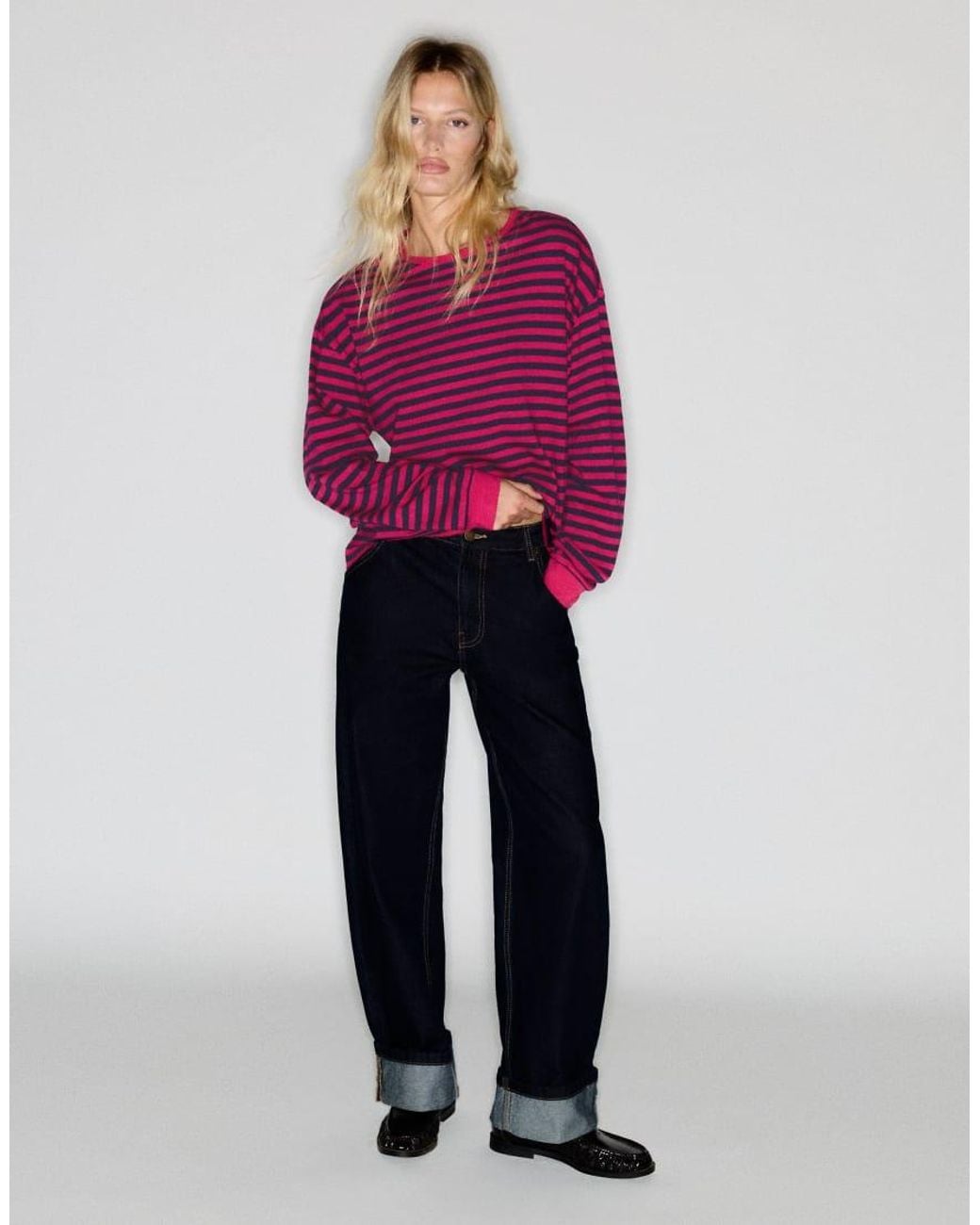 Pull&Bear Purple Long Sleeve Striped T-shirt
