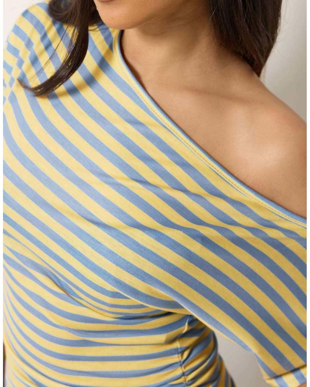 PixieGirl Green Petite Stripe Slash Neck Ruched T-Shirt