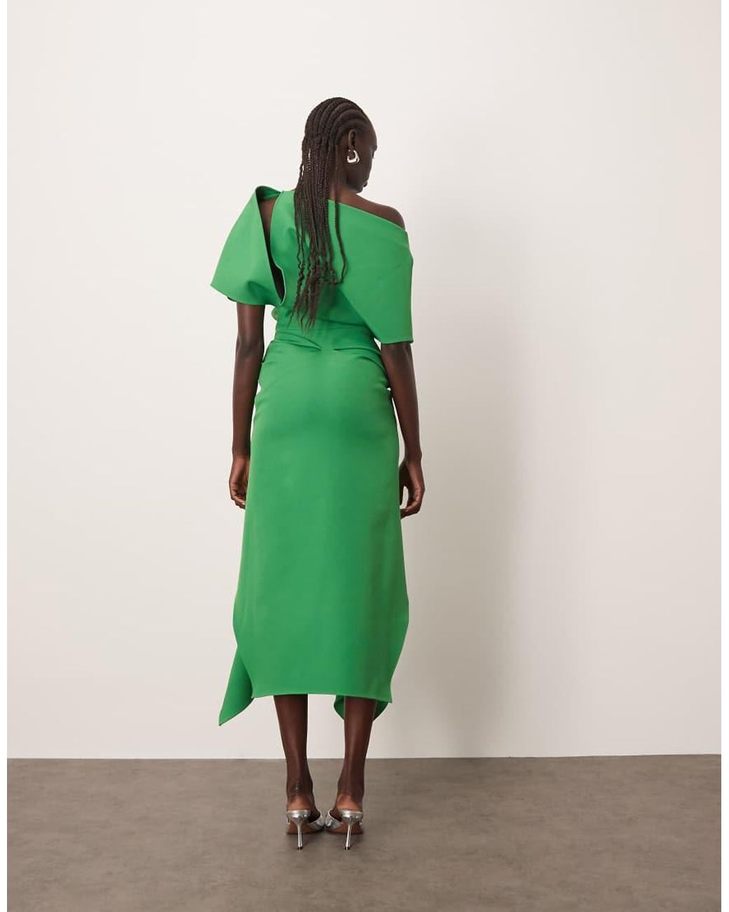 ARRANGE Green Draped Bodice Square Cut Hem Midi Dress