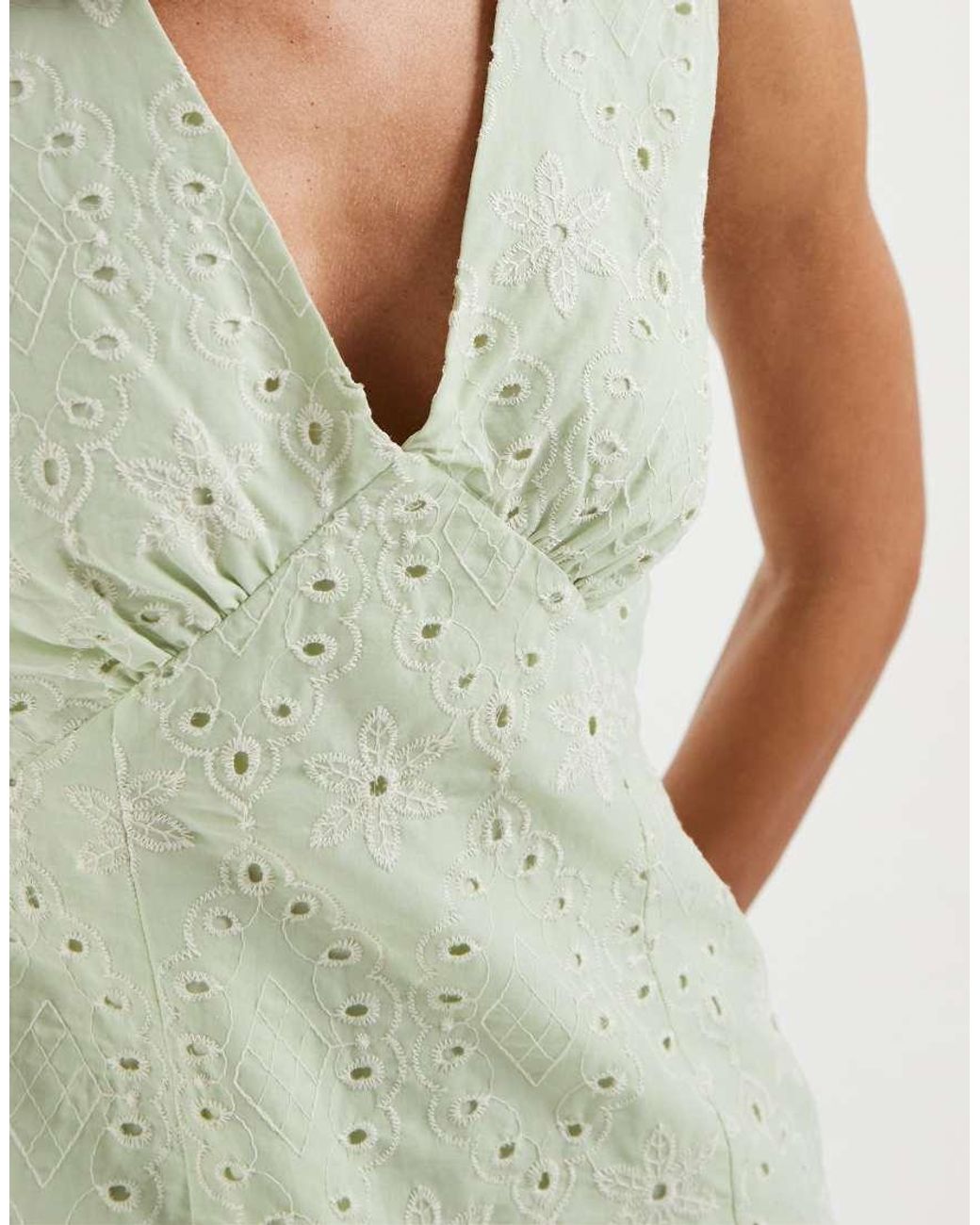 Vero Moda Green Cotton Broderie V Neck Mini Dress