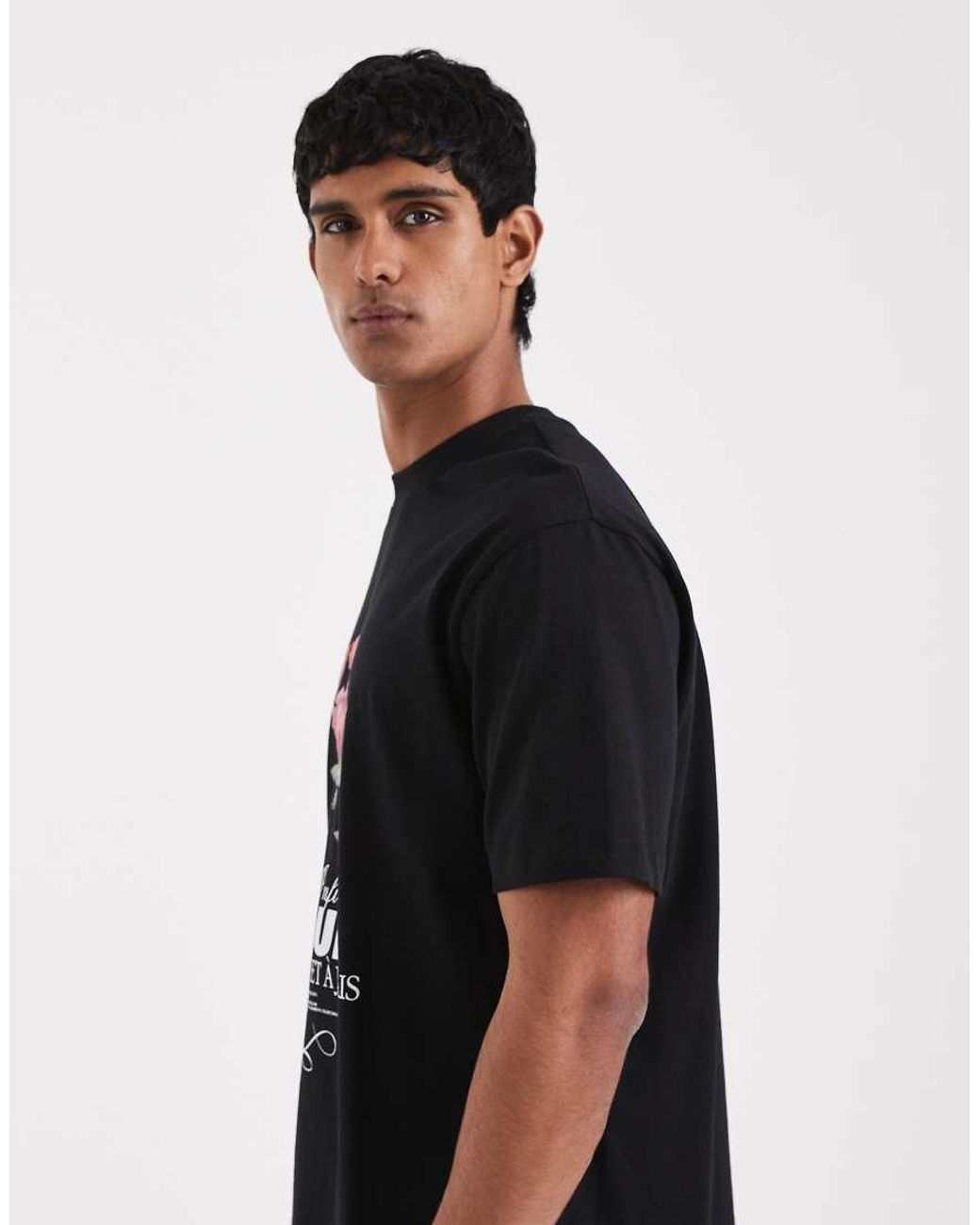 ASOS Black Heavyweight Relaxed T-Shirt With Floral Text Graphic for men