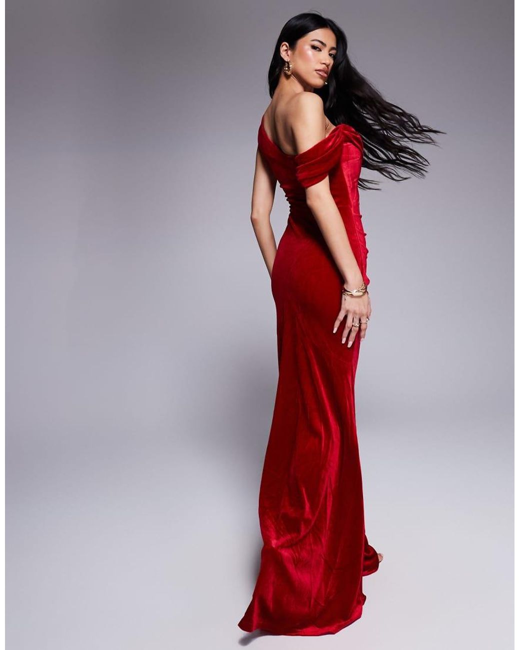 Goddiva Red Cowl One Shoulder Velvet Maxi Dress