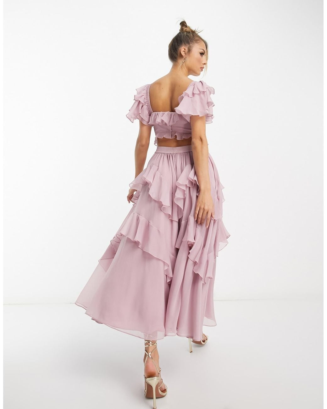 ASOS Flutter Sleeve Ruched Corset Detail Tiered Midi Dress in Pink | Lyst