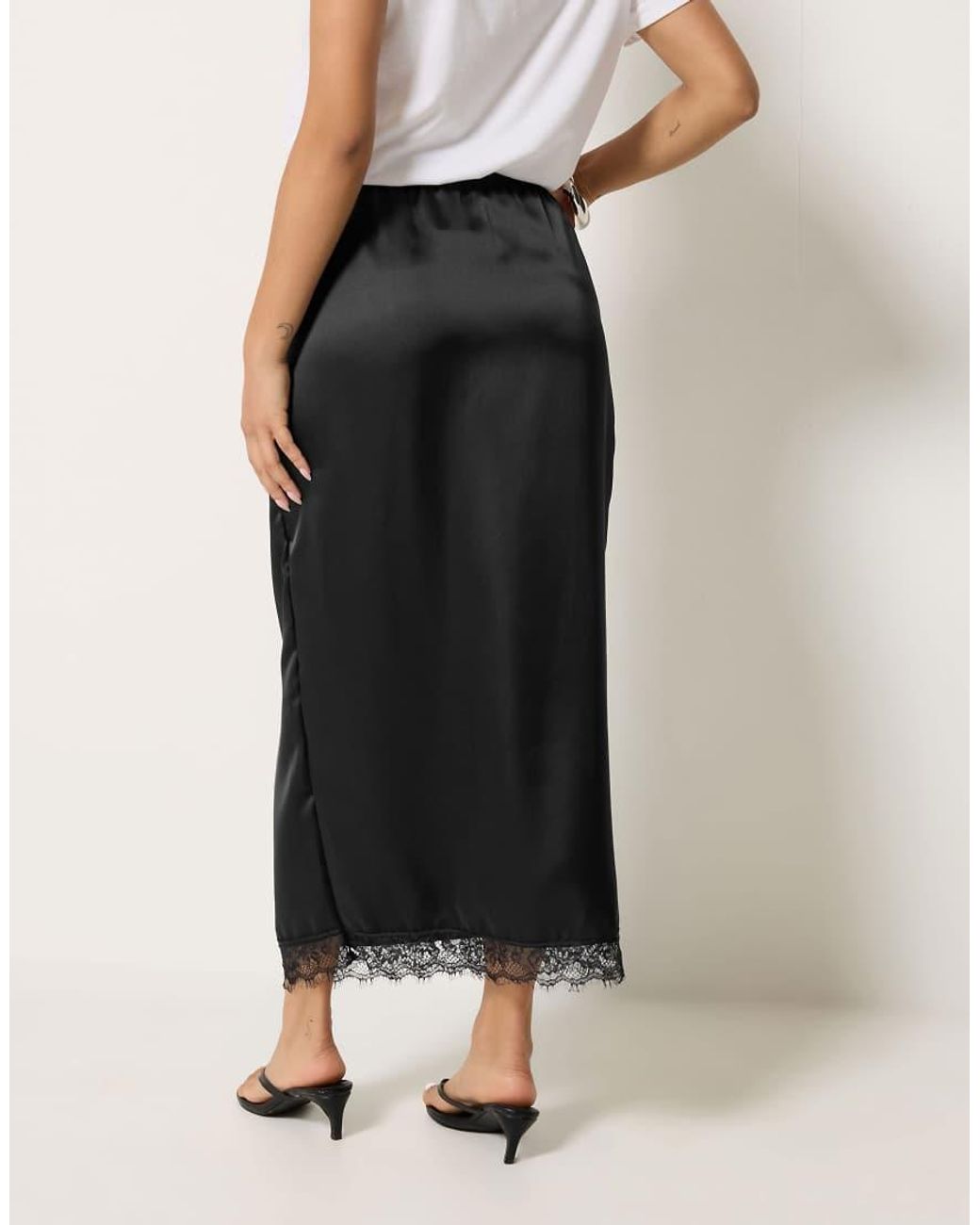 PixieGirl Black Petite Lace Hem Satin Maxi Skirt