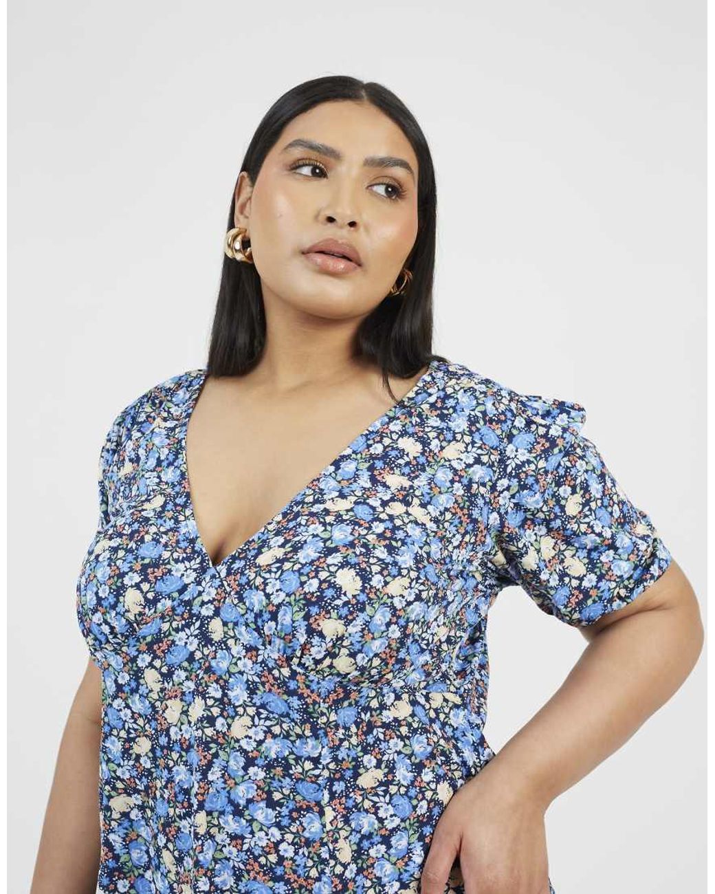 Brave Soul Blue Curve Floral Puff Sleeve V-Neck Mini Dress