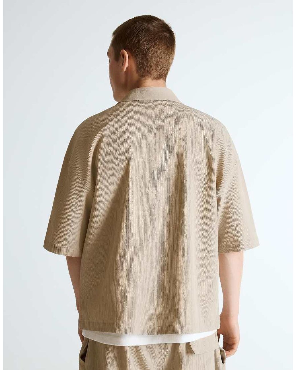 Bershka Natural Pleated Short Sleeve Boxy Shirt for men