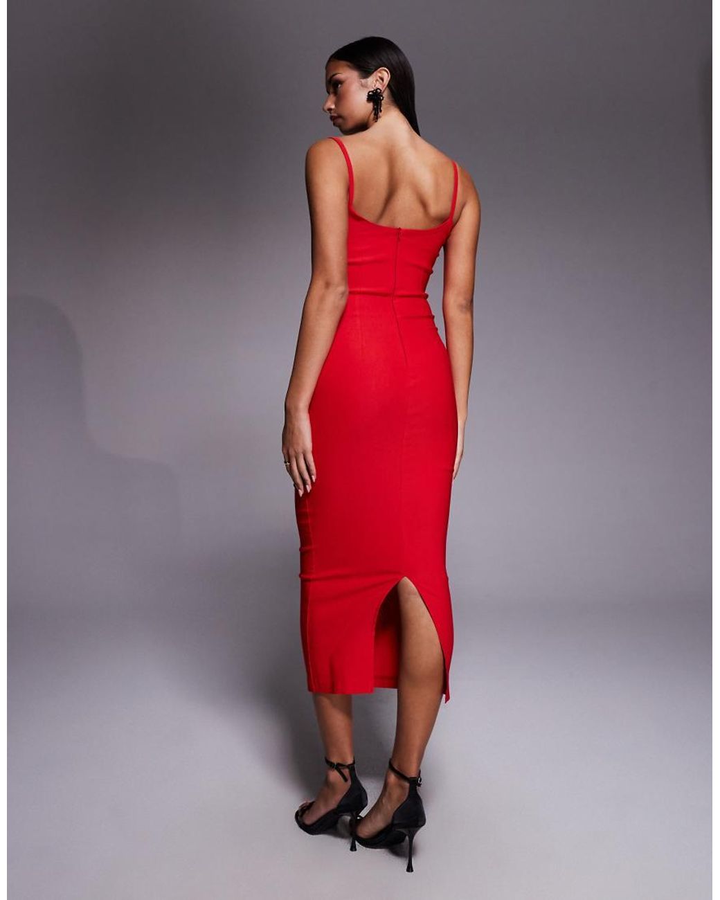Vesper Red Bengaline Cami Strappy Ruched Bust Midaxi Dress