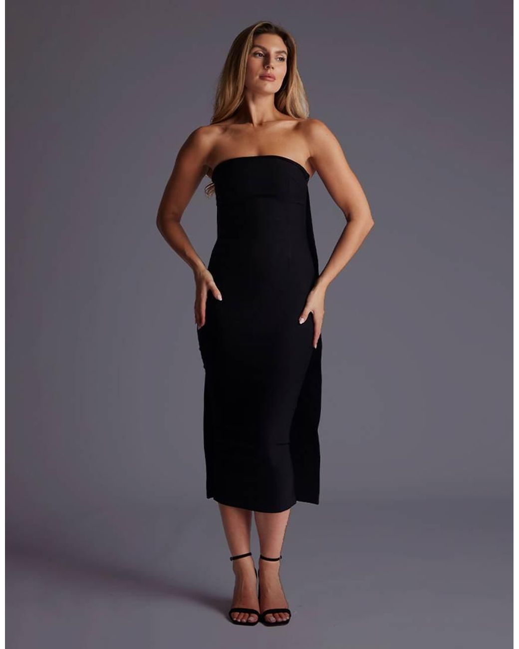 Vesper Black Strapless Drape Back Midaxi Dress