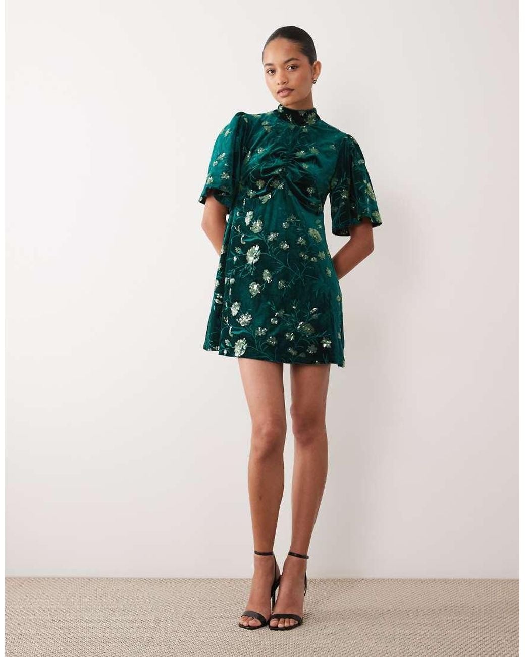 Sister Jane Green Velvet Flutter Sleeve Mini Dress With Floral Embroidery