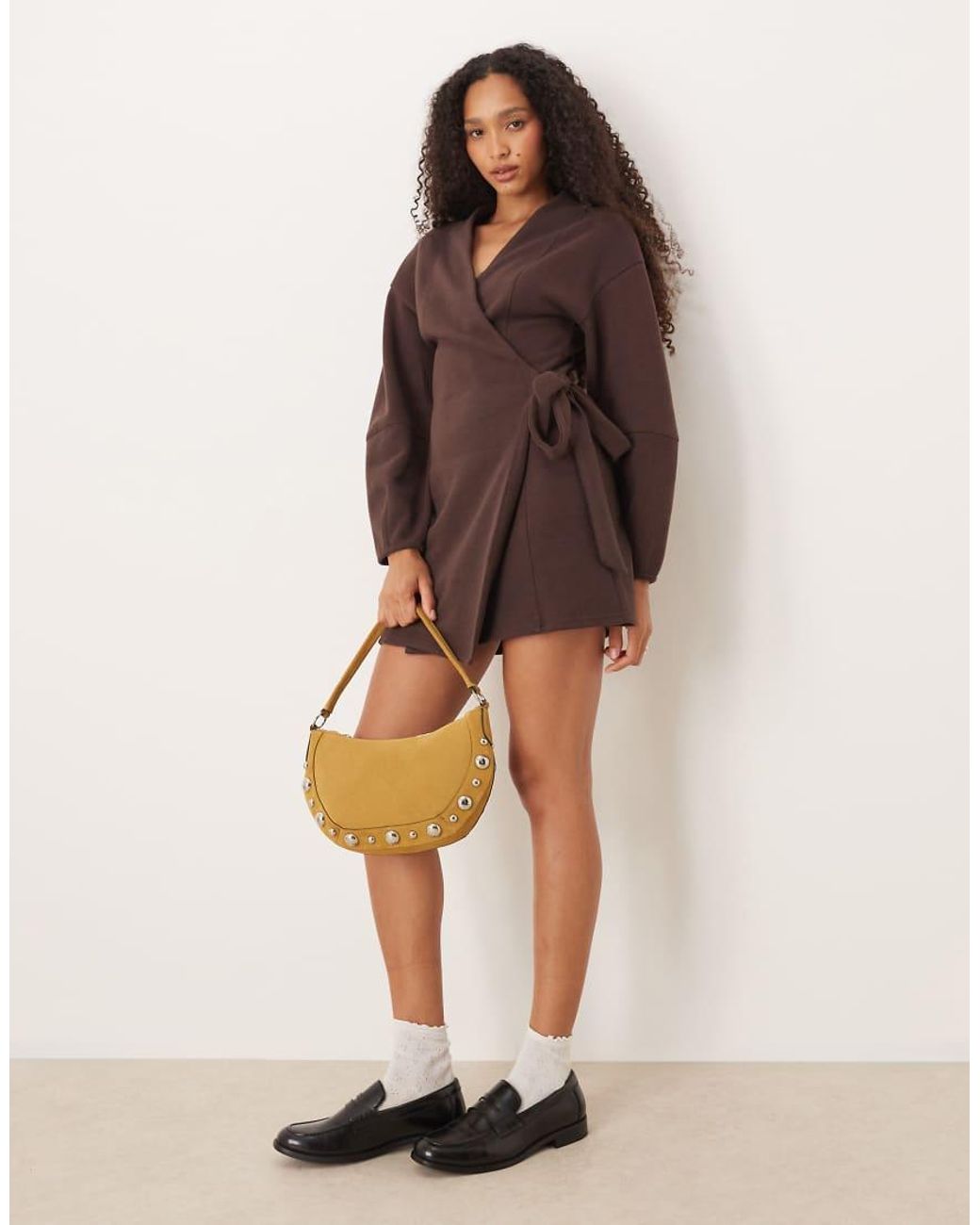 ASOS Brown Supersoft Long Sleeve Wrap Tie Front Mini Dress