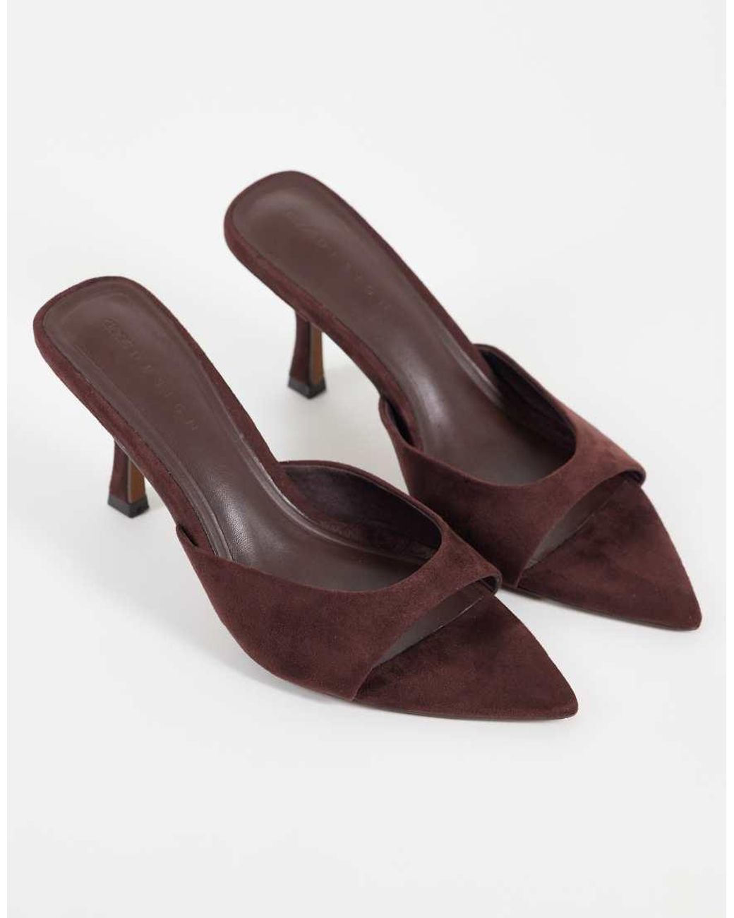 Mules De Punta Con Tacón En Ante Sintético Chocolate-Marrón ASOS de color Brown