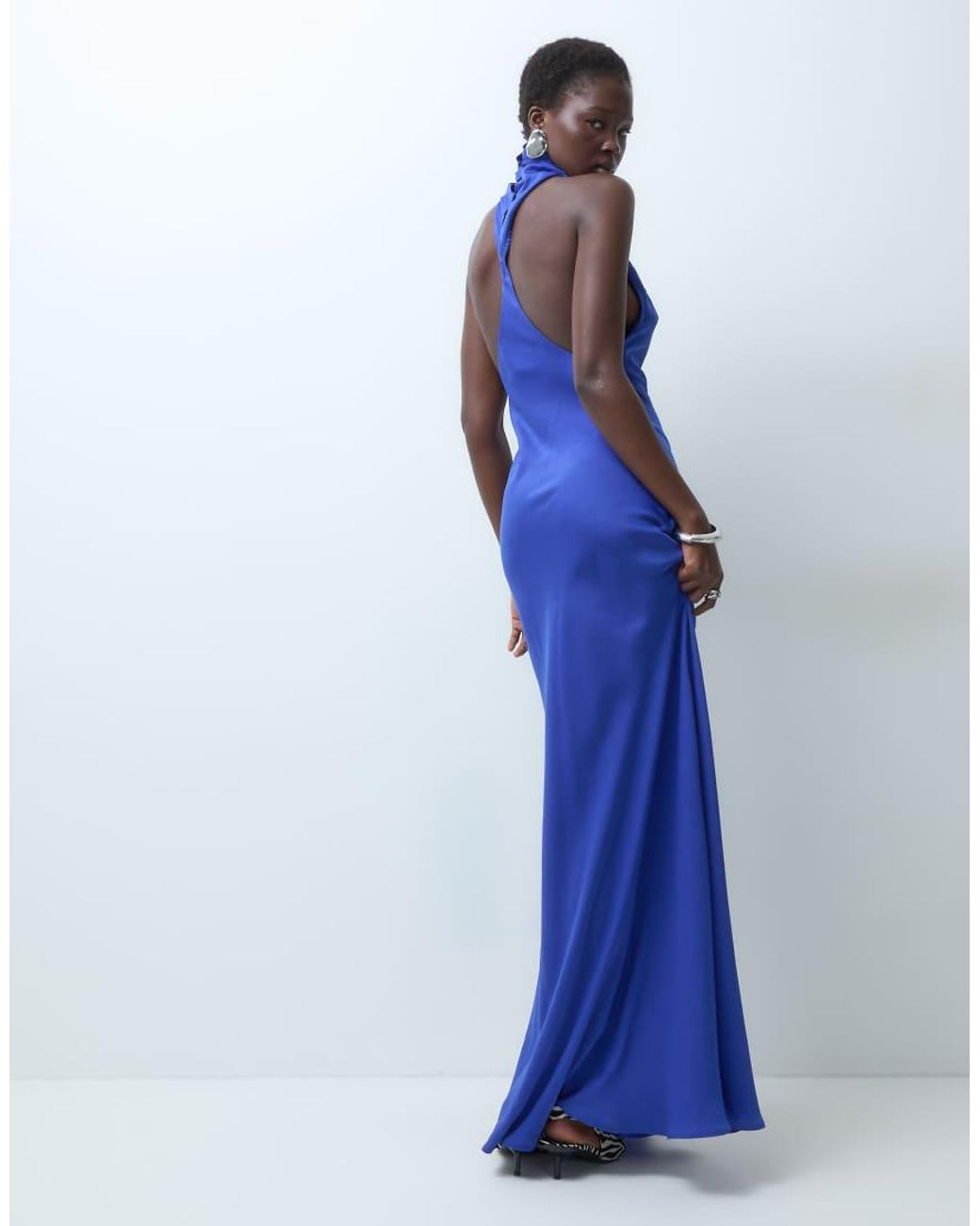 ASOS Blue Asos Design Tall Funnel Neck Bias Cut Sleeveless Satin Maxi Dress