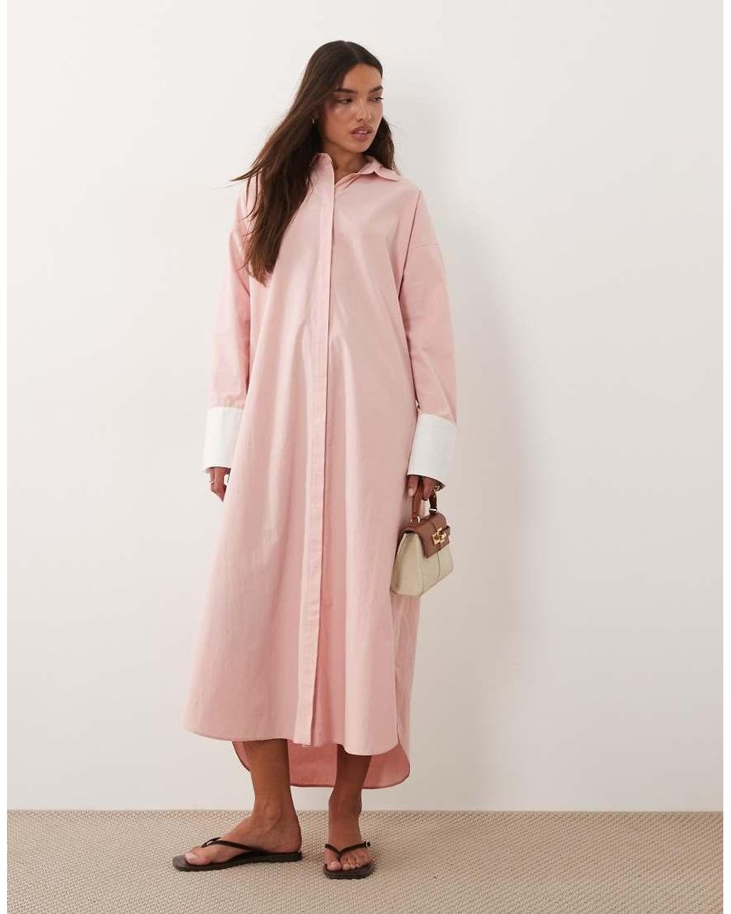 ASOS Pink Maxi Shirt Dress With Contrast Cuffs