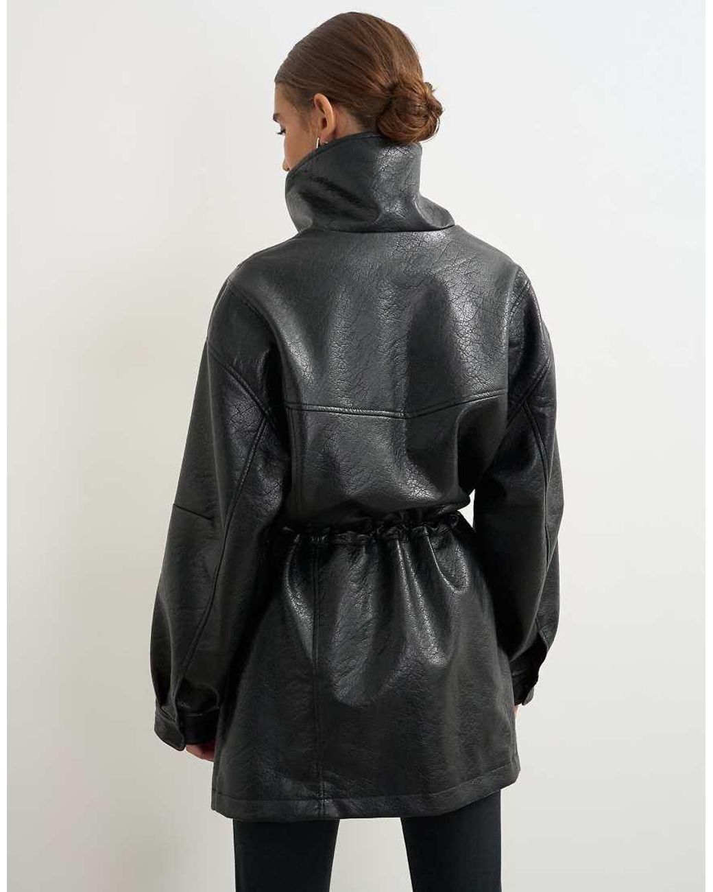 TOPSHOP Black Faux Leather Cinch Waist Funnel Neck Jacket