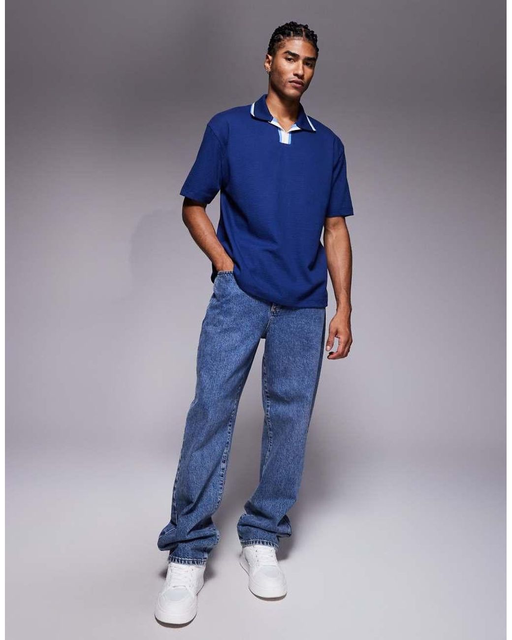 ASOS Blue Relaxed Textured Polo With Contrast Collar for men