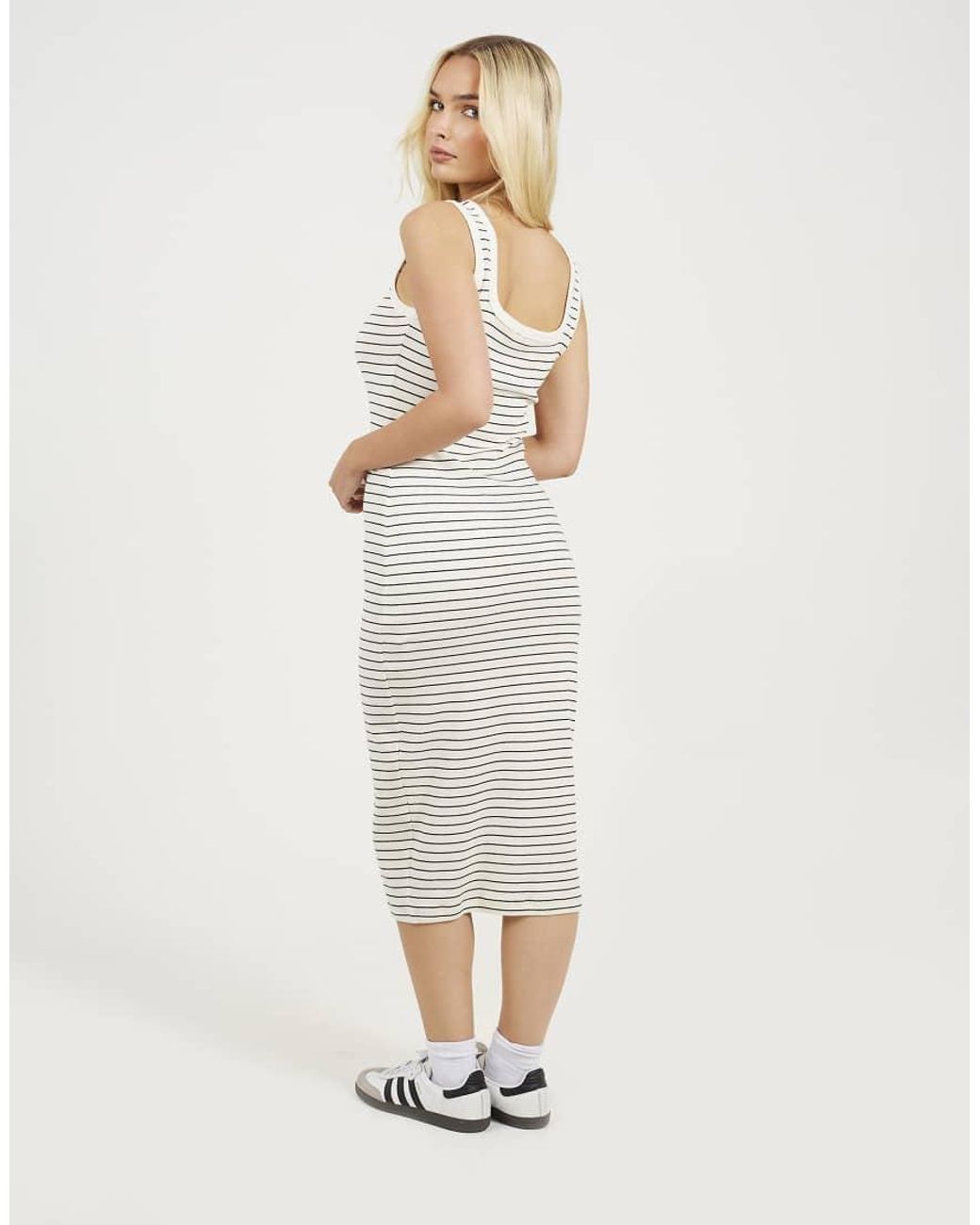 Brave Soul White Cotton Jersey Scoop Neck Stripe Bodycon Midi Dress