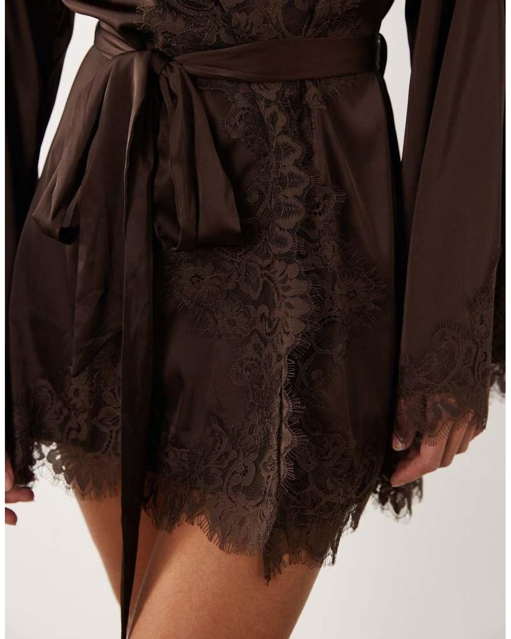KAT THE LABEL Brown Olivia Satin Lace Robe
