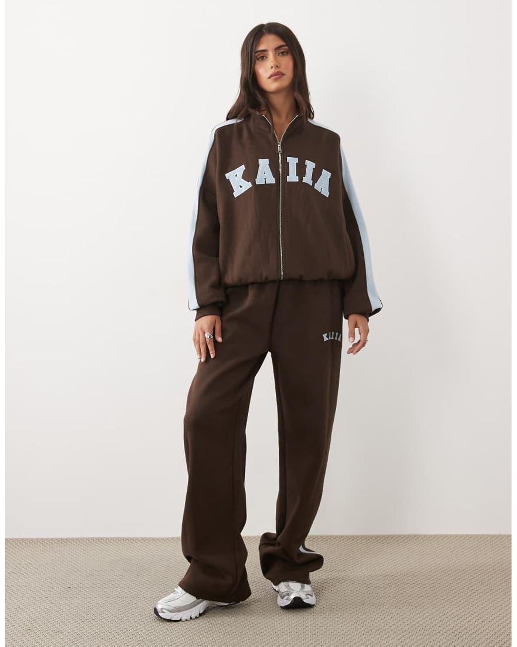 Kaiia Brown Cotton-rich Embroidered Logo Detail Oversized Zip-through High Neck Sweatshirt
