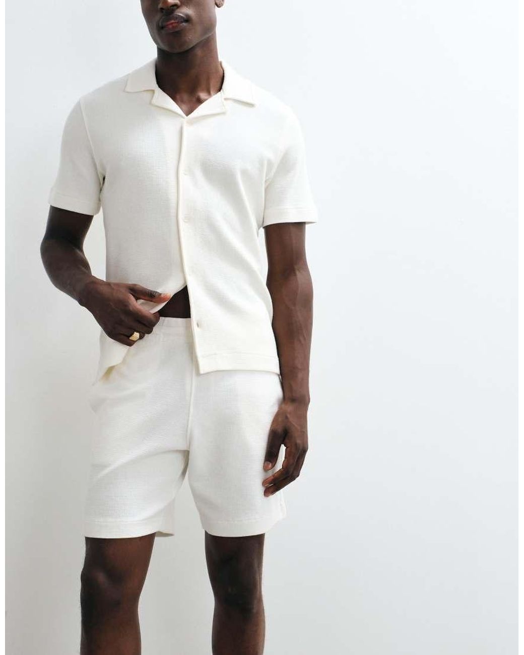 Mango White Waffle Textured Shorts for men