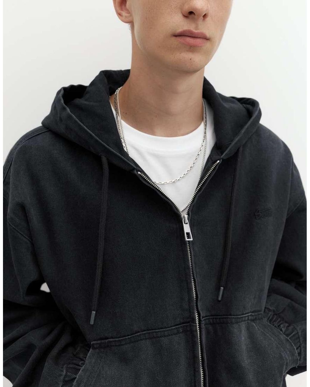 Pull&Bear Black Stwd Zip-up Hooded Jacket for men