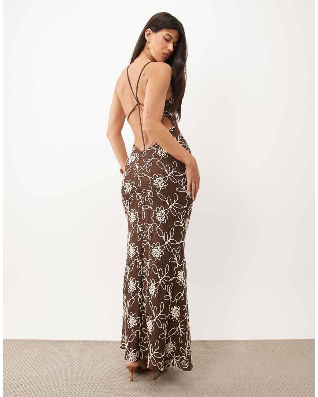 ASOS Brown Embroidered Crochet Maxi Dress With U Scoop