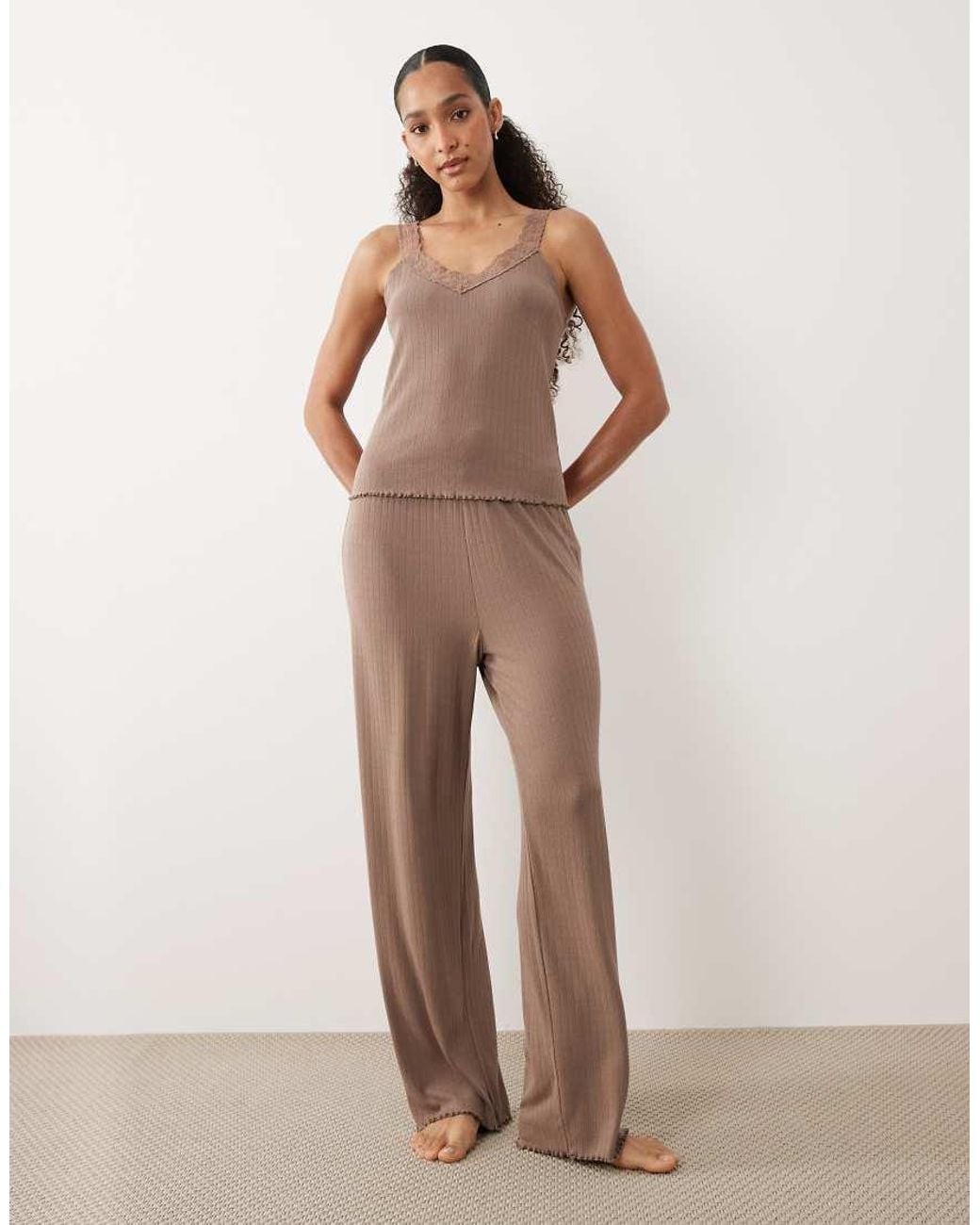 Threadbare Brown Lettuce Hem Pointelle Vest And Trouser Pyjama Set