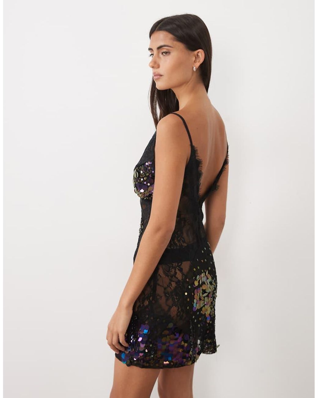 ASOS Black Sheer Lace Cami Mini Dress With Placement Embellishment