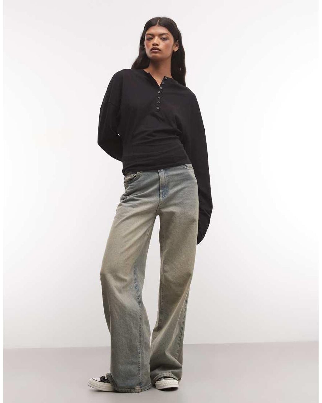 Weekday Black Henley Long Sleeve Top With Cinched Waist