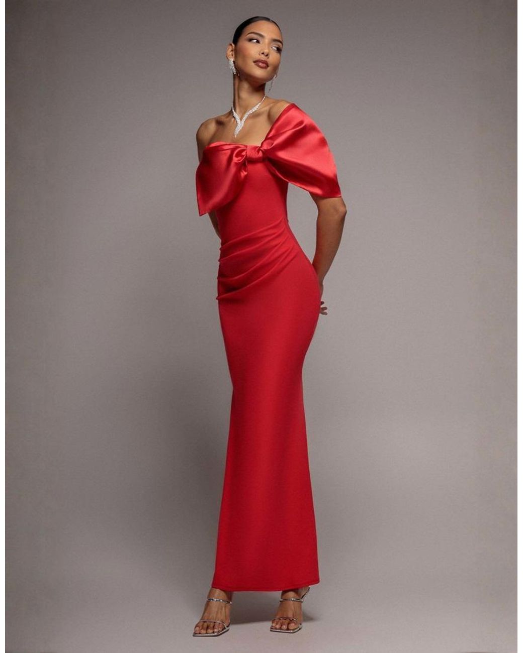 Goddiva Red Off The Shoulder Satin Bow Neck Maxi Dress