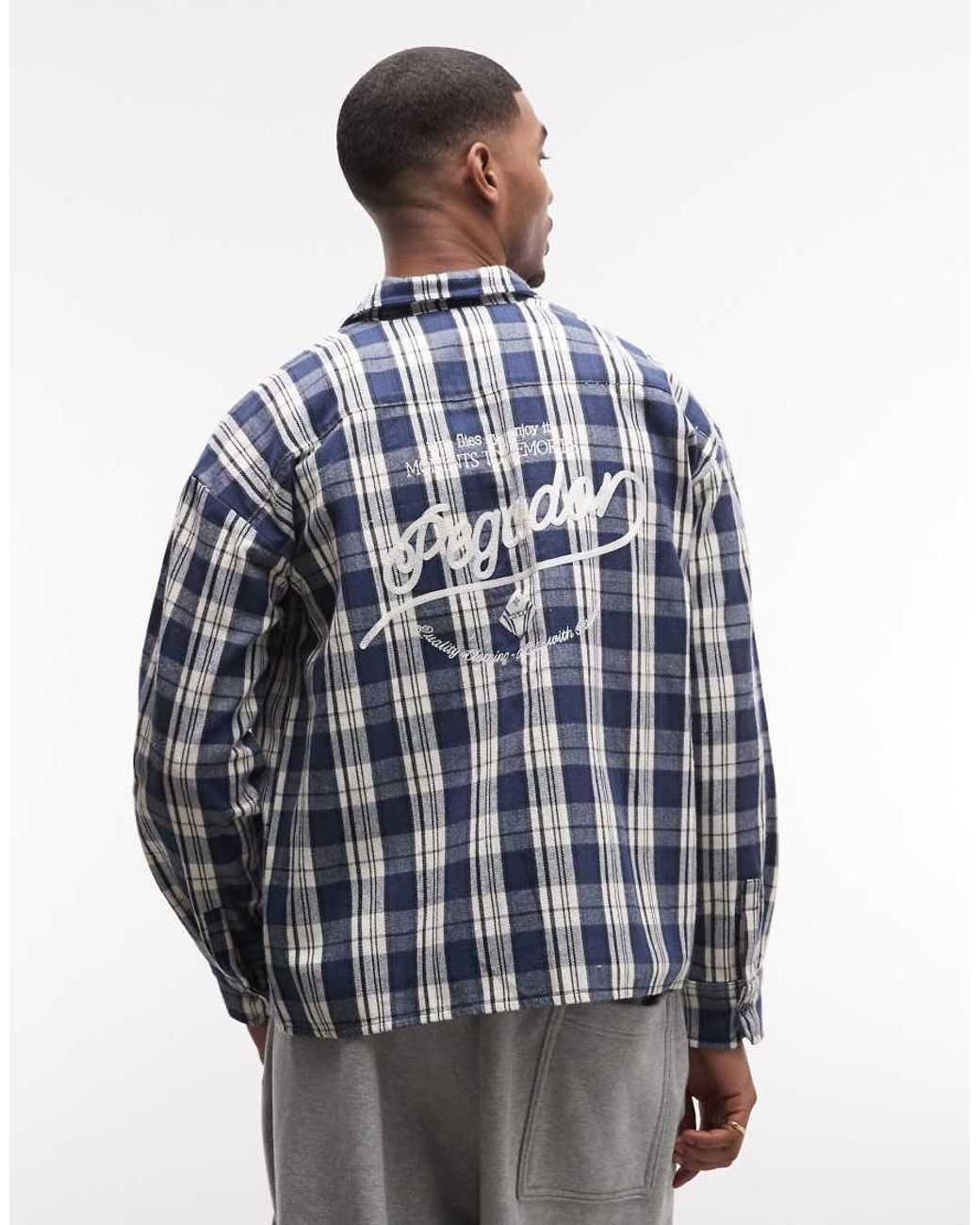 PEGADOR Blue Soglio Oversized Flannel Checked Shirt With Back Print for men