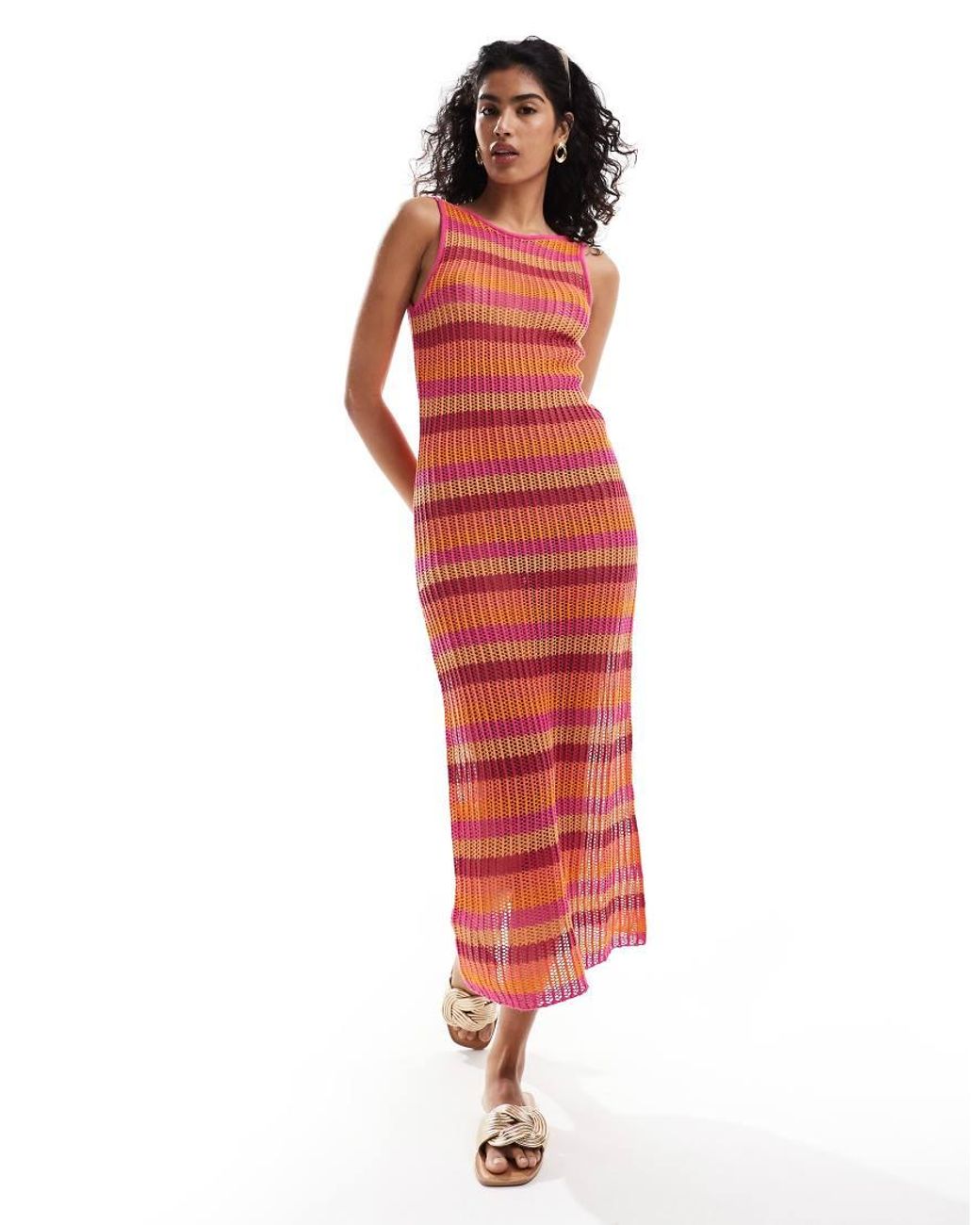 Mango Crochet Stripe Midi Dress in Red Lyst UK