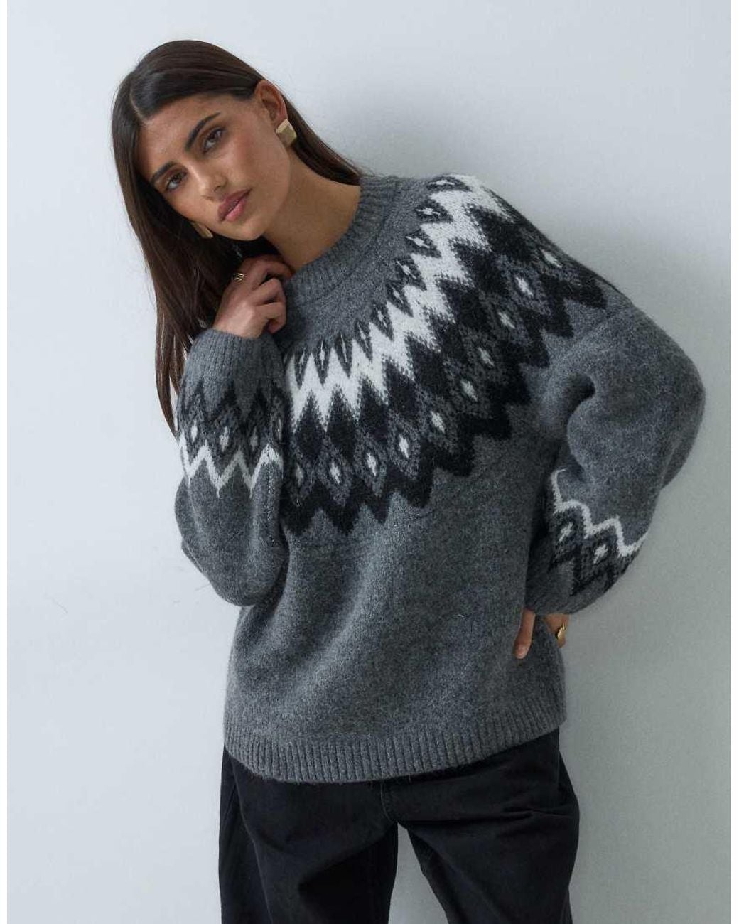 Gina Tricot Black Crew Neck Knitted Jumper With Jacquard
