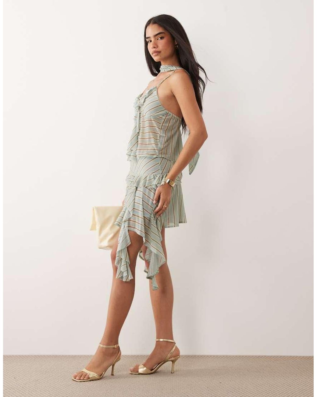 ASOS Green Co-ord Printed Stretch Chiffon Ruffle Plunge Scarf Top