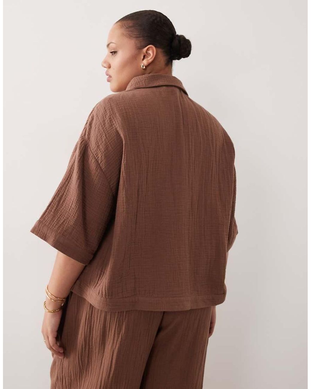 ASOS Brown Asos Design Curve Callie Beach Cheesecloth Resort Short Sleeve Shirt